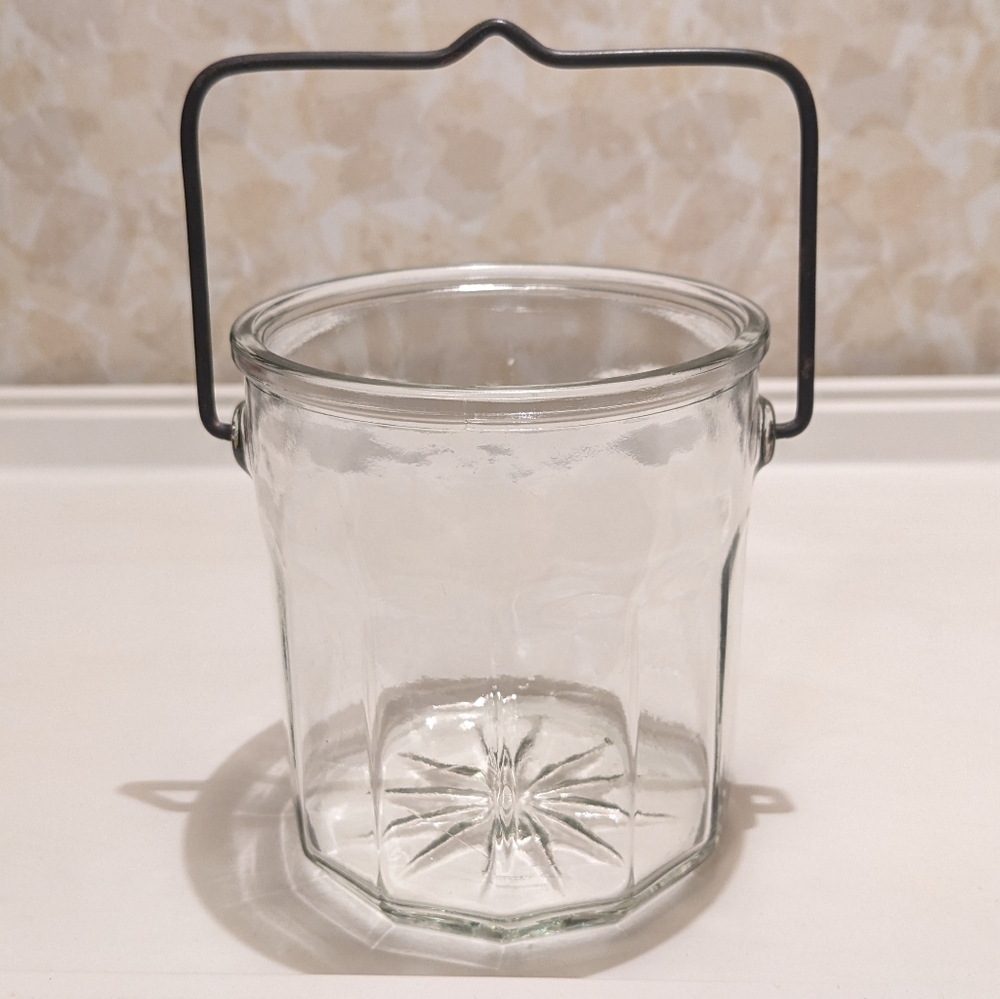Thick Clear Glass Hanging Jar with Metal Handle & Starburst Bottom